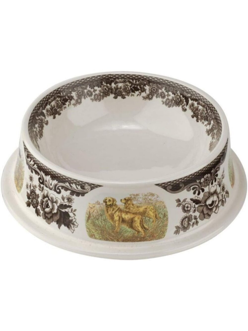 Decorative Stoneware Dog Bowl with British Flowers & Breed Motifs - Microwave